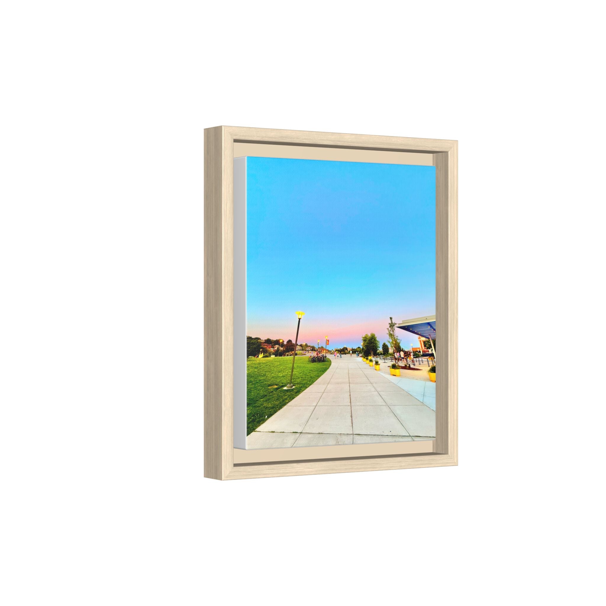 Sunset Promenade Matte Framed Canvas — Pastel Sky Walkway Wall Art