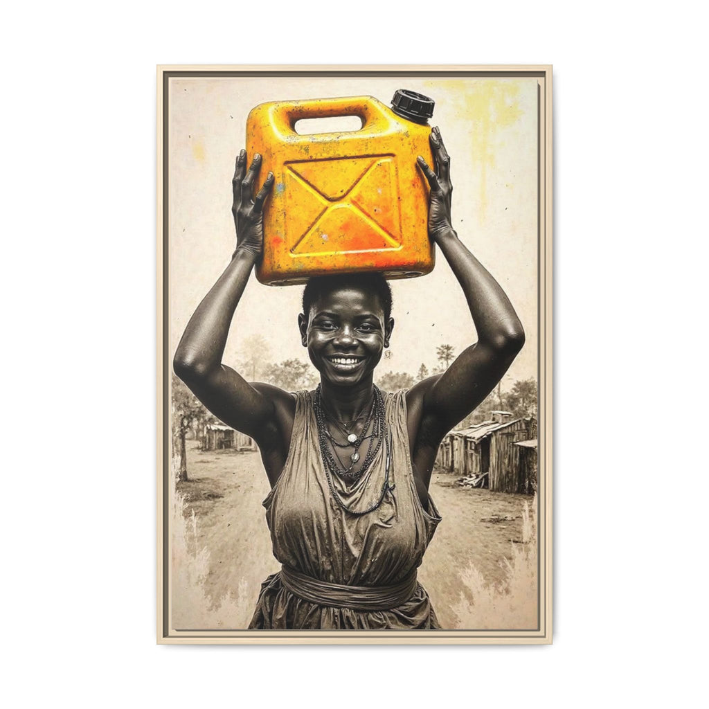 Framed Canvas Art - Joyful Woman Carrying Yellow Water Jerrycan