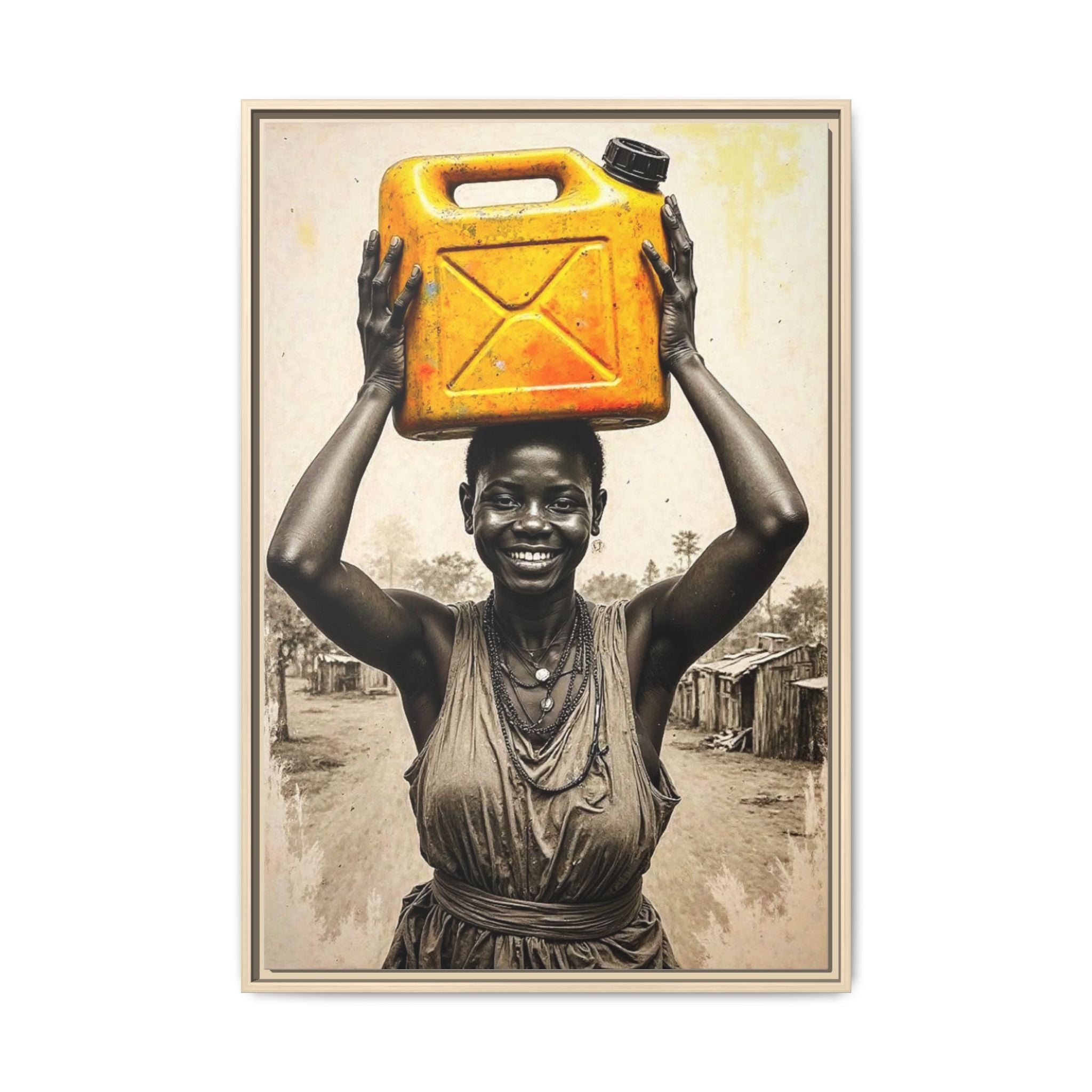 Framed Canvas Art - Joyful Woman Carrying Yellow Water Jerrycan