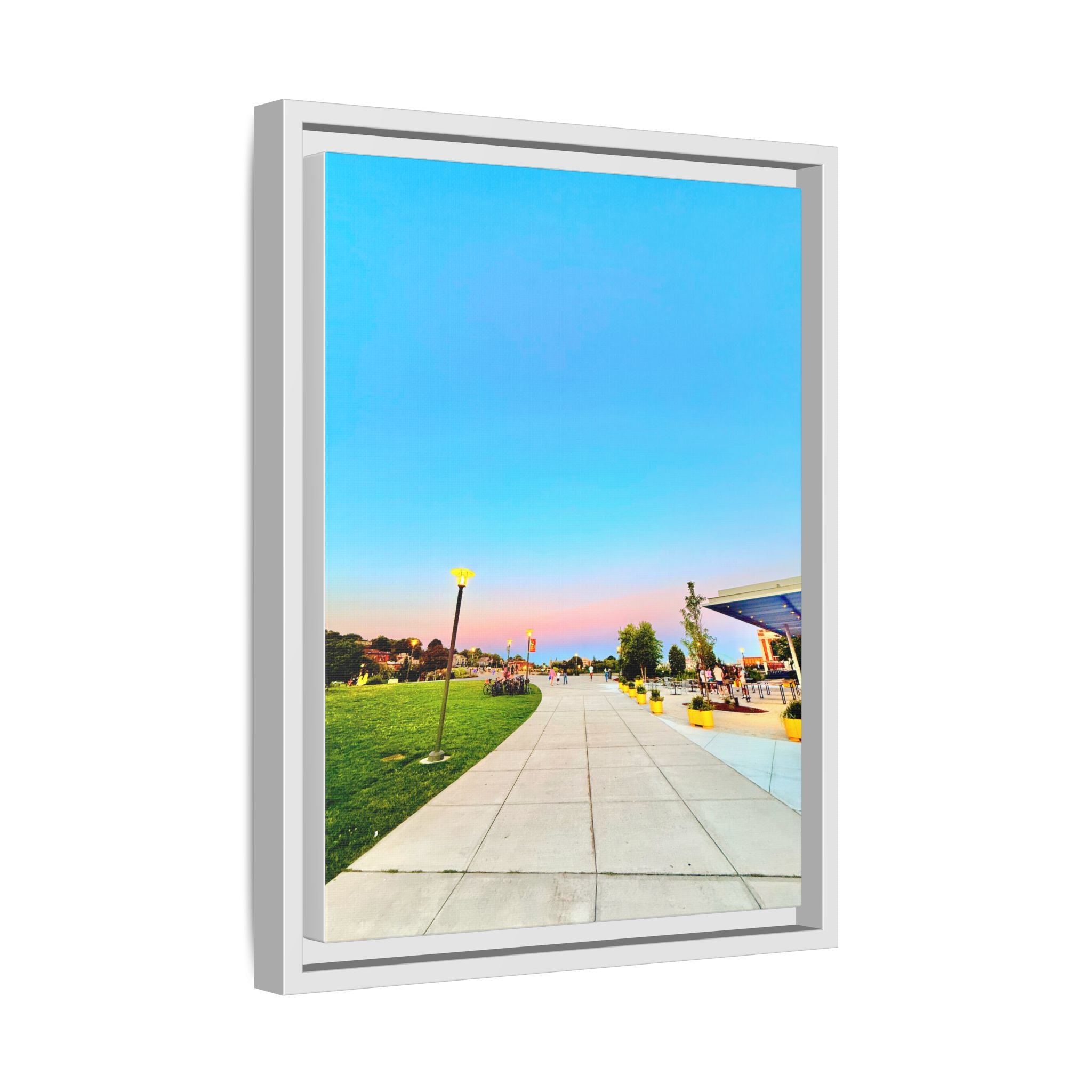 Sunset Promenade Matte Framed Canvas — Pastel Sky Walkway Wall Art