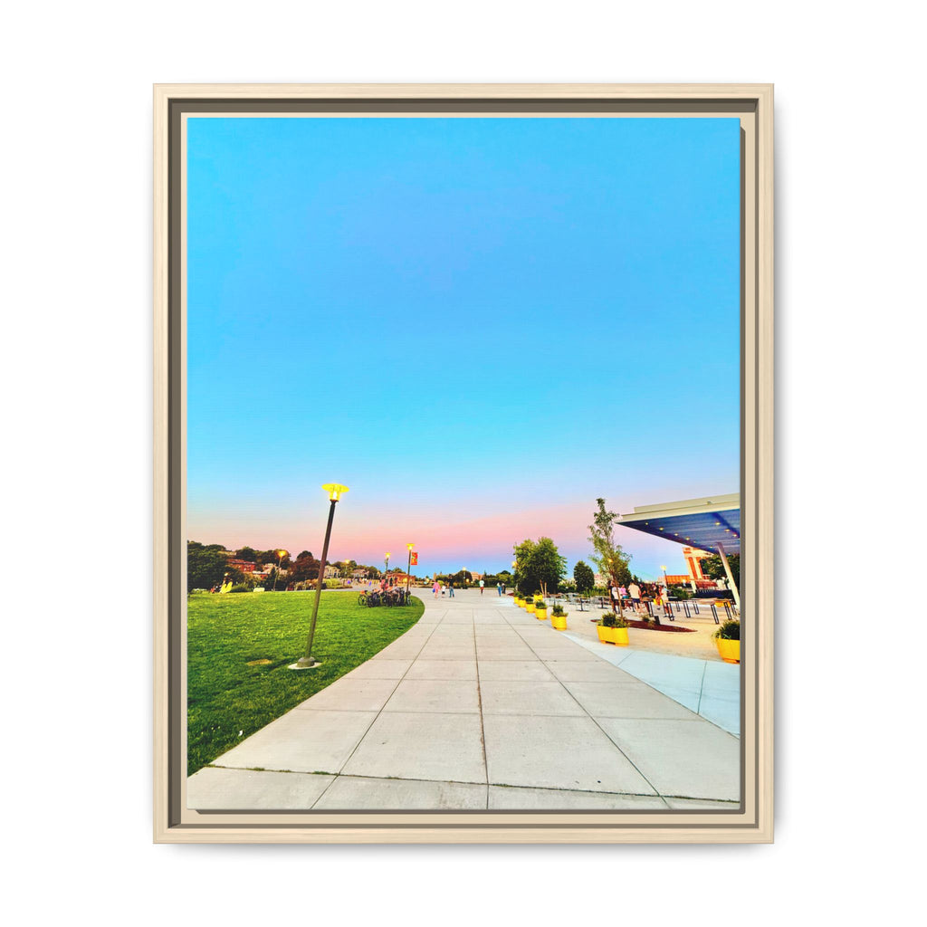 Sunset Promenade Matte Framed Canvas — Pastel Sky Walkway Wall Art