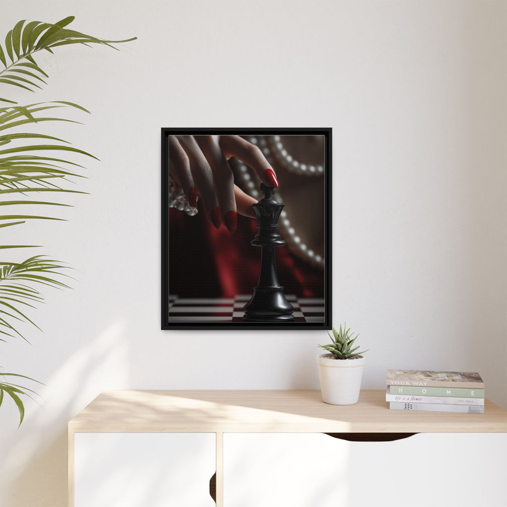 Framed Matte Canvas Art — Femme Hand & Chess King (Pearls, Noir Glam)