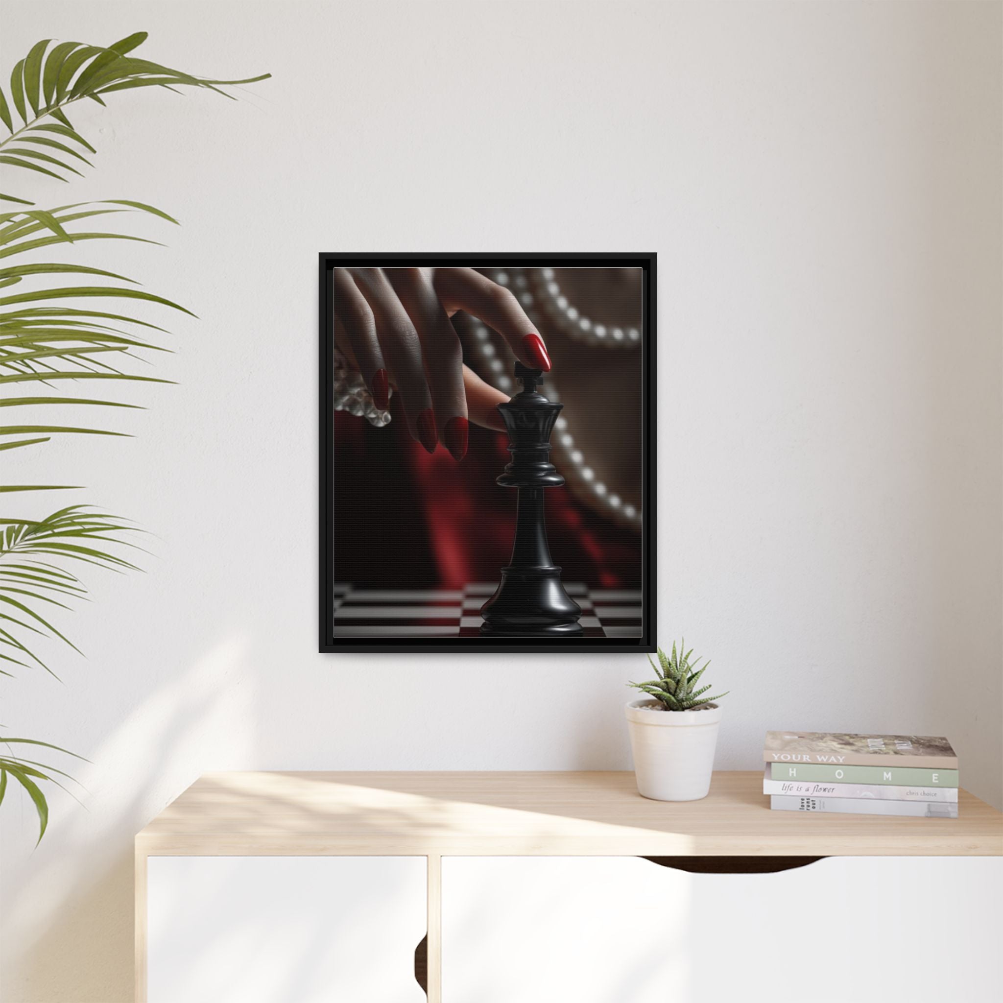 Framed Matte Canvas Art — Femme Hand & Chess King (Pearls, Noir Glam)