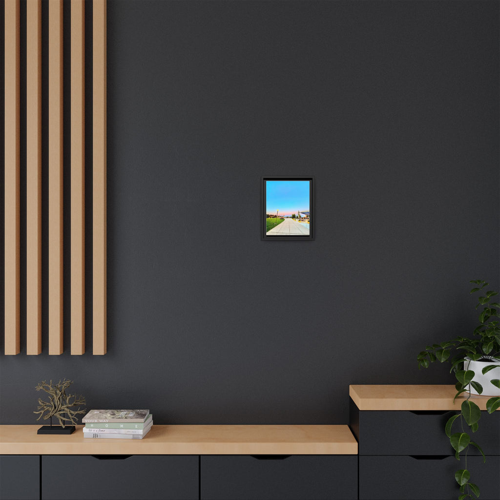 Sunset Promenade Matte Framed Canvas — Pastel Sky Walkway Wall Art