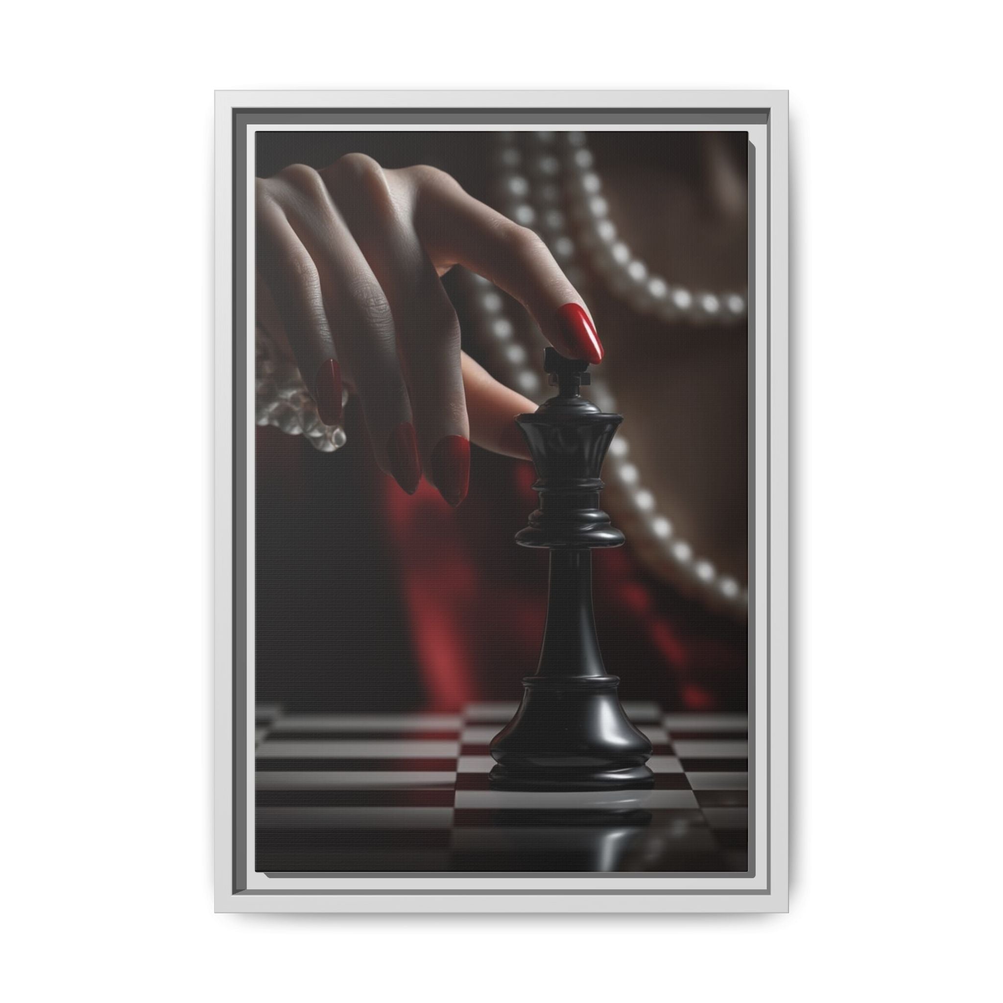 Framed Matte Canvas Art — Femme Hand & Chess King (Pearls, Noir Glam)
