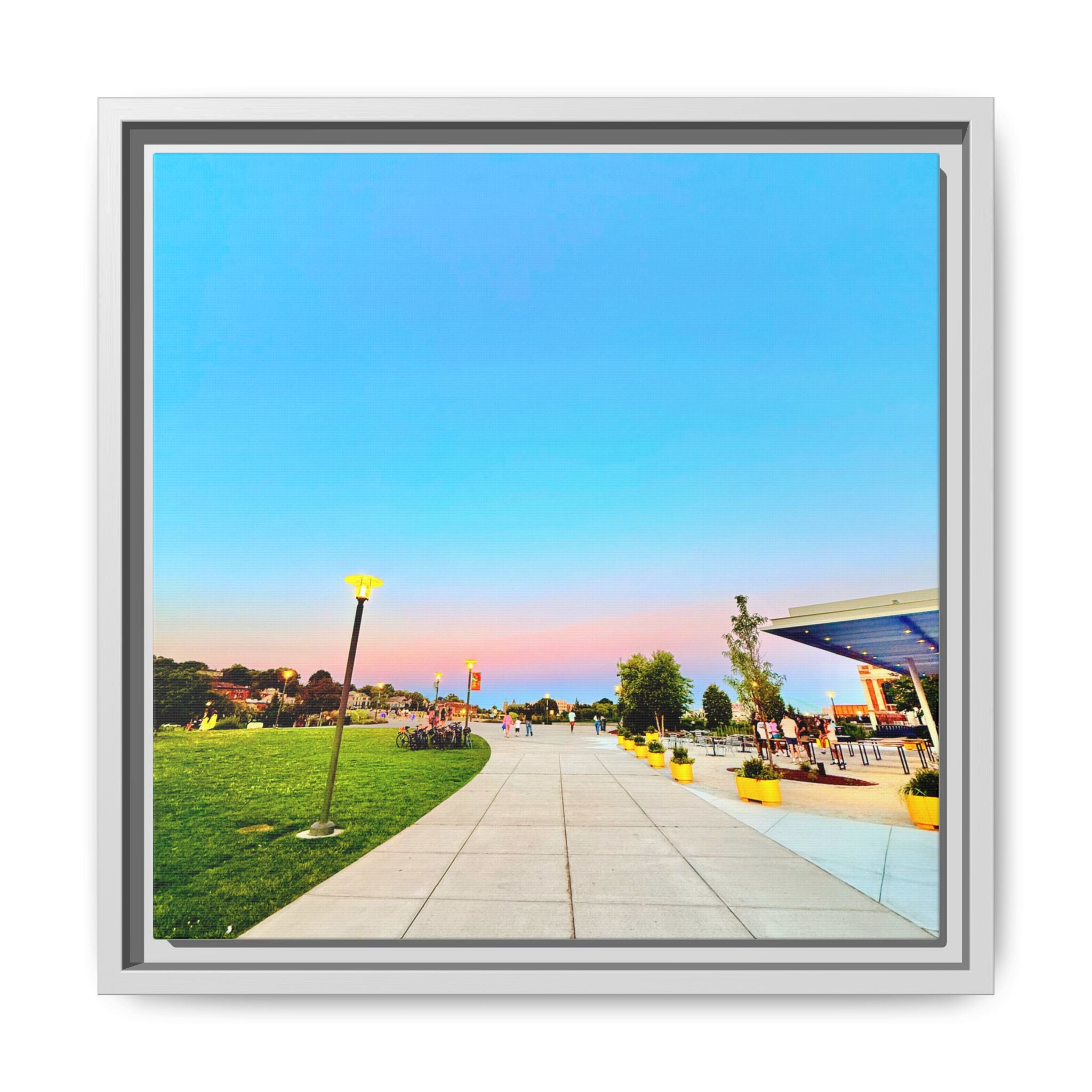 Sunset Promenade Matte Framed Canvas — Pastel Sky Walkway Wall Art