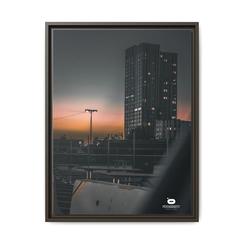 Framed Matte Canvas Print — Urban Sunset High-Rise Photography
