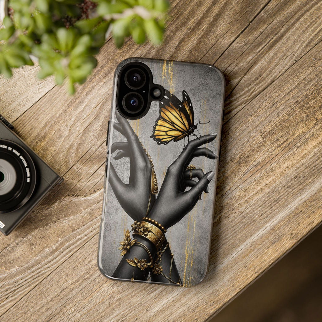 Artistic Black Hands & Golden Butterfly Phone Case – Protective Tough Case