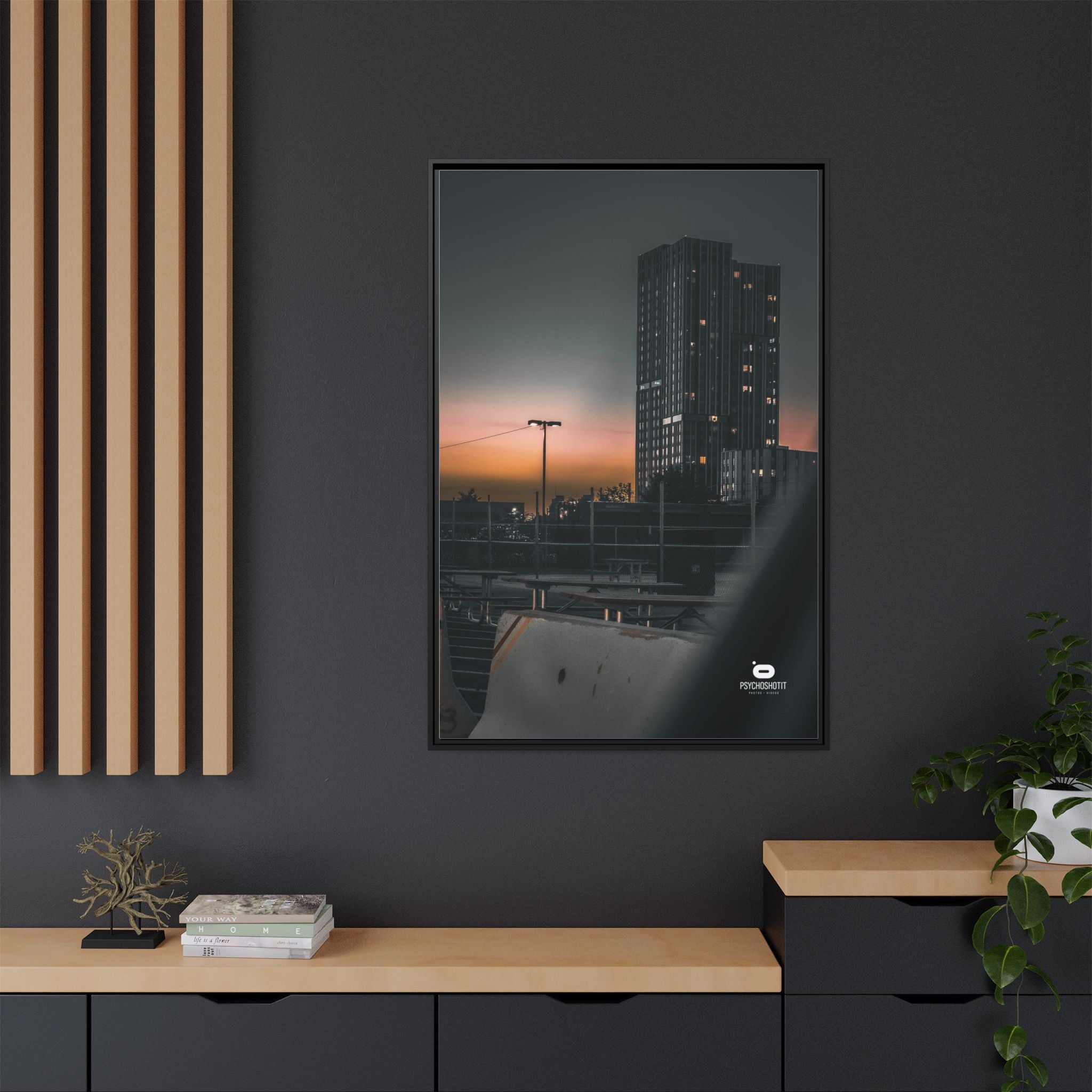 Framed Matte Canvas Print — Urban Sunset High-Rise Photography