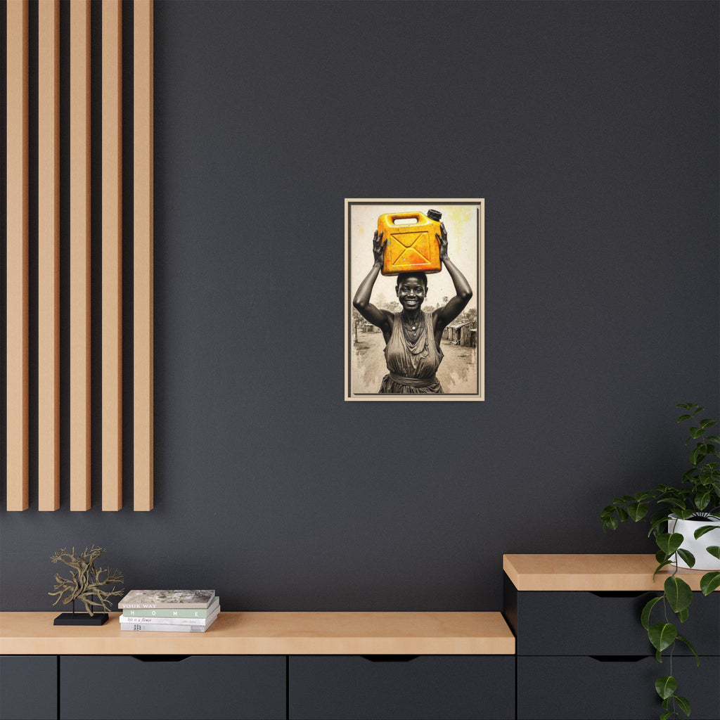 Framed Canvas Art - Joyful Woman Carrying Yellow Water Jerrycan