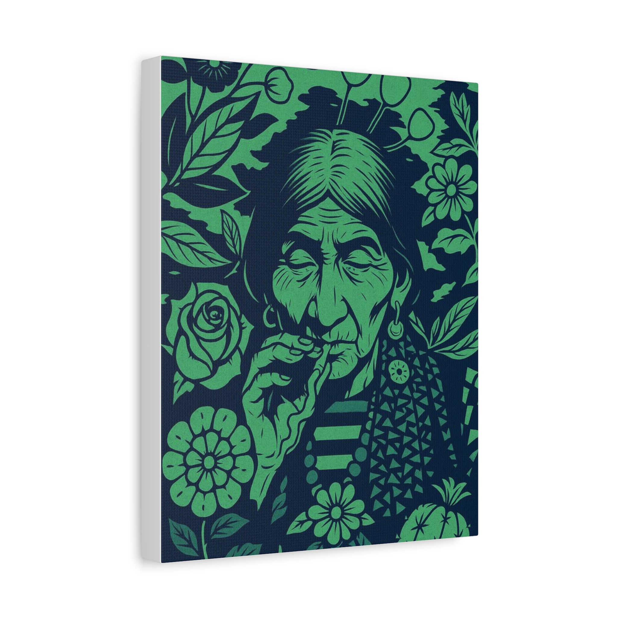 Vintage Smoking Woman Art Canvas — Green Floral Stretched Wall Art