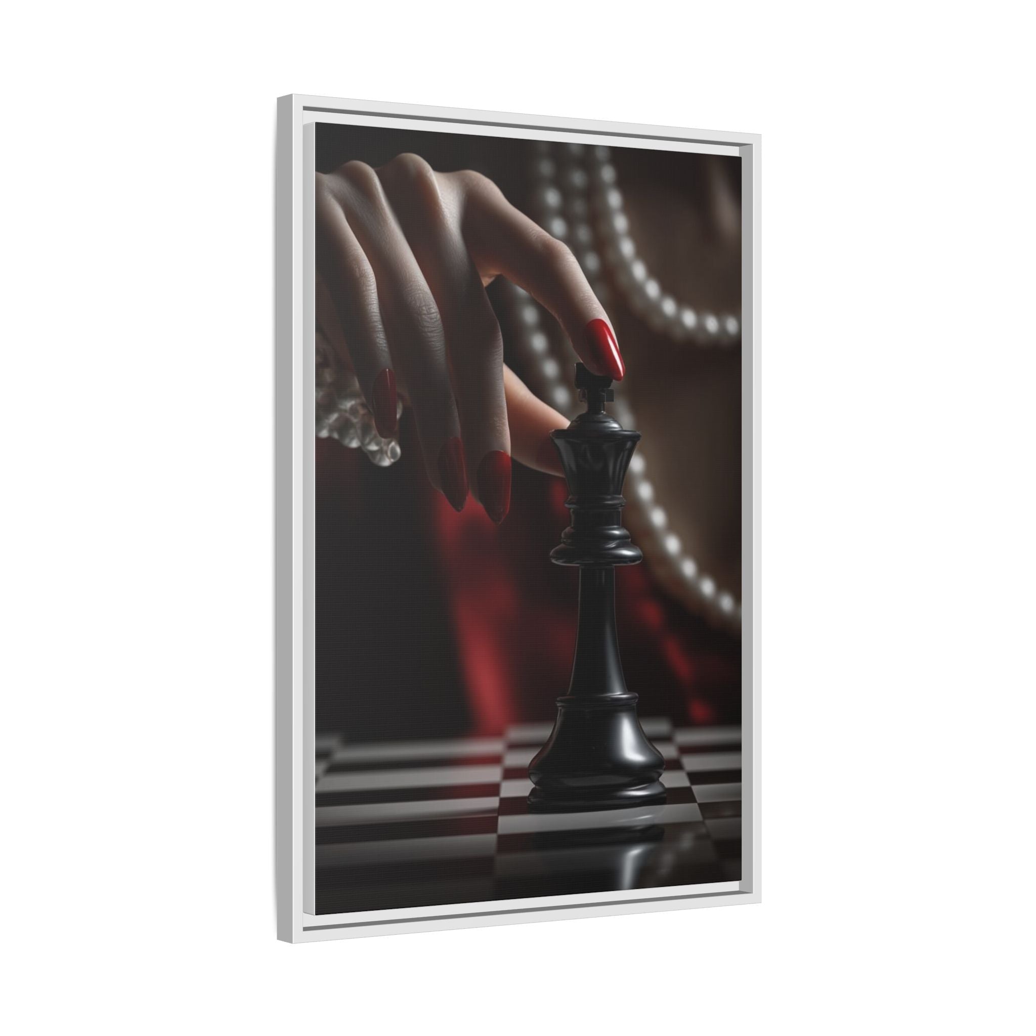 Framed Matte Canvas Art — Femme Hand & Chess King (Pearls, Noir Glam)