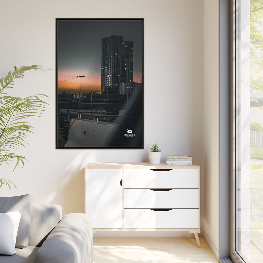 Framed Matte Canvas Print — Urban Sunset High-Rise Photography