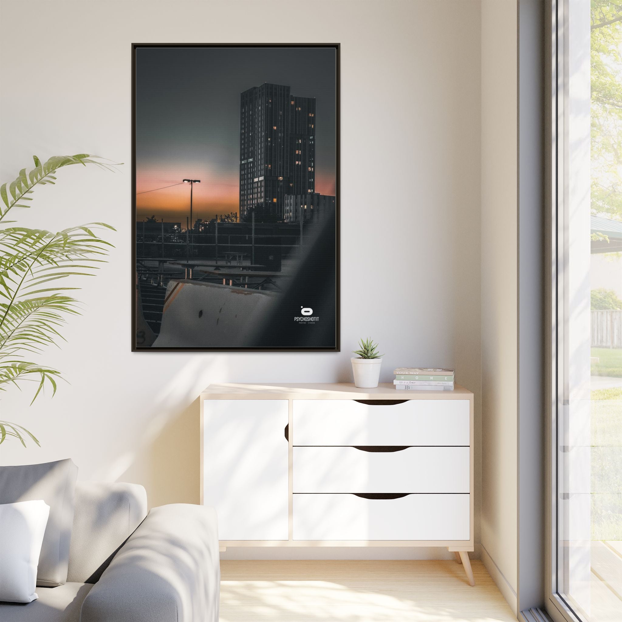 Framed Matte Canvas Print — Urban Sunset High-Rise Photography