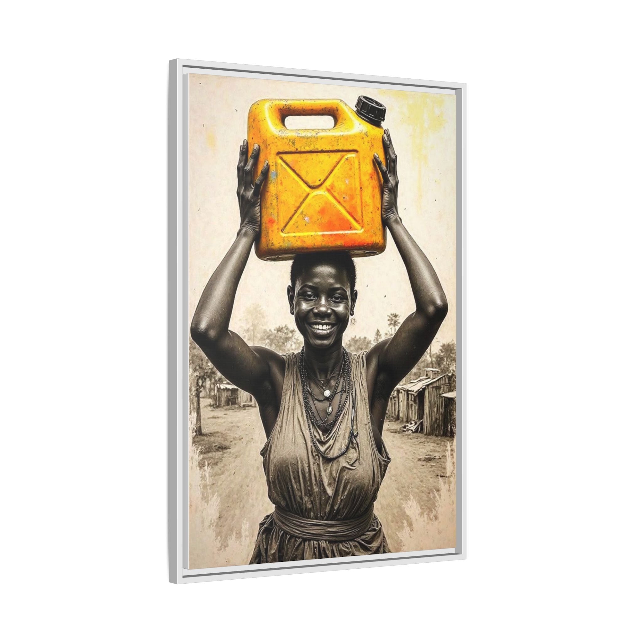 Framed Canvas Art - Joyful Woman Carrying Yellow Water Jerrycan