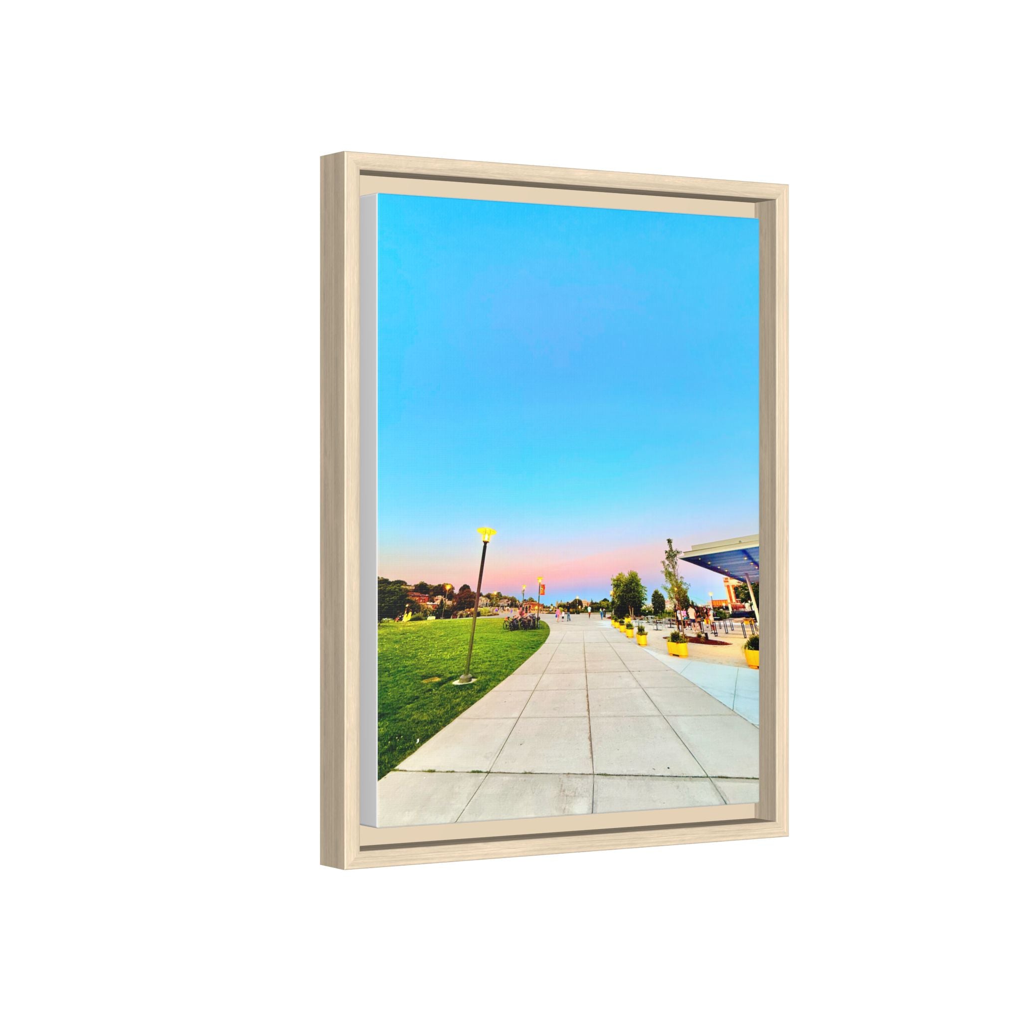 Sunset Promenade Matte Framed Canvas — Pastel Sky Walkway Wall Art
