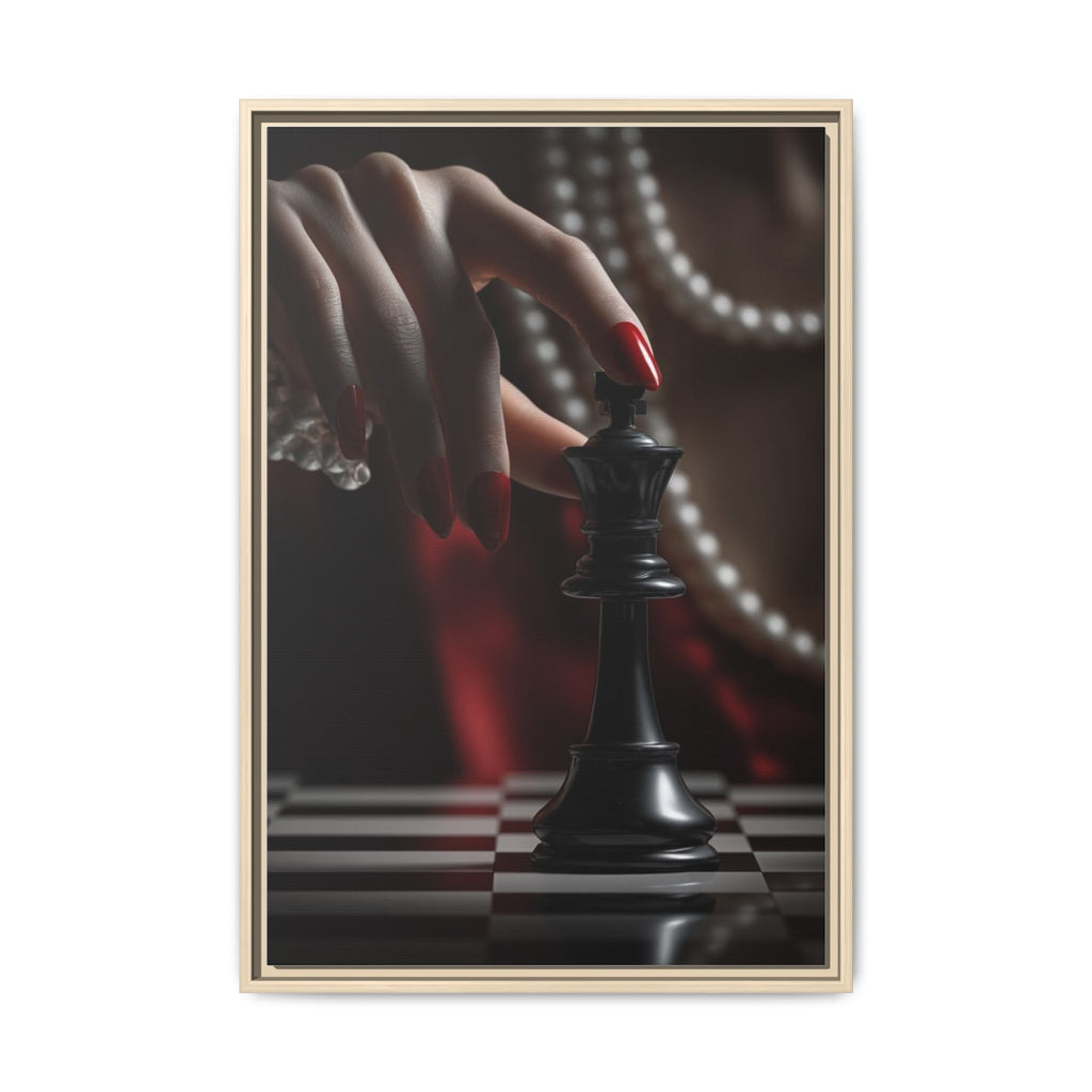 Framed Matte Canvas Art — Femme Hand & Chess King (Pearls, Noir Glam)