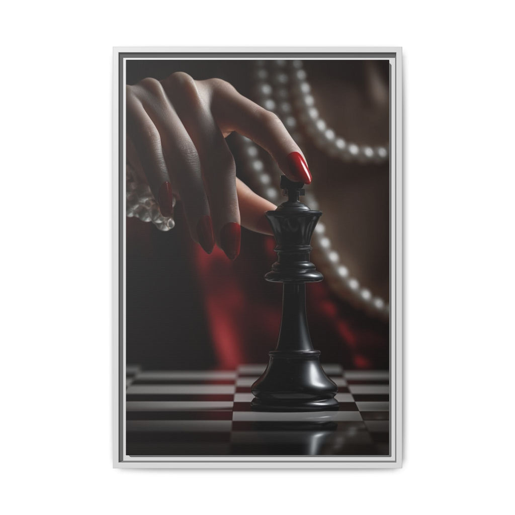 Framed Matte Canvas Art — Femme Hand & Chess King (Pearls, Noir Glam)
