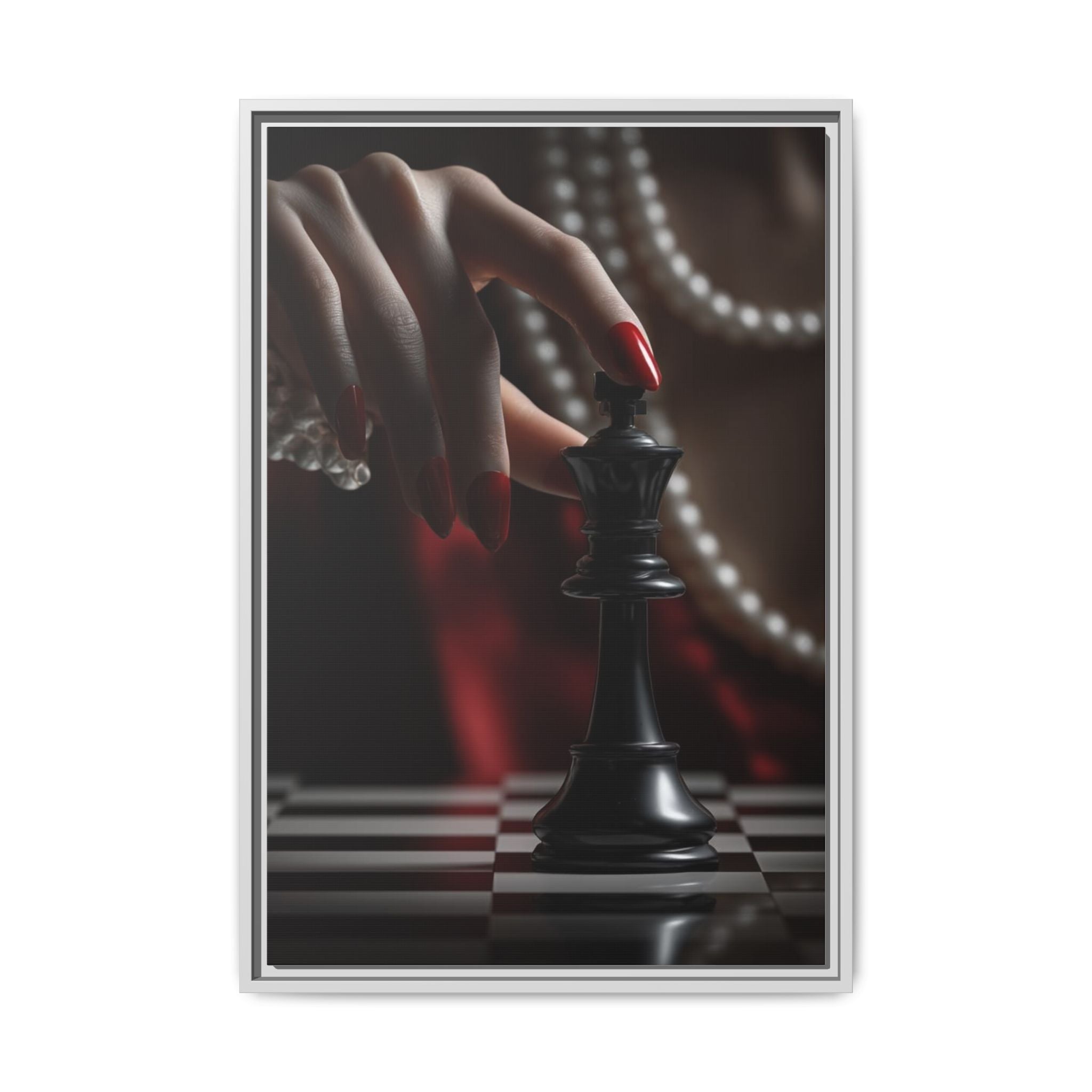 Framed Matte Canvas Art — Femme Hand & Chess King (Pearls, Noir Glam)