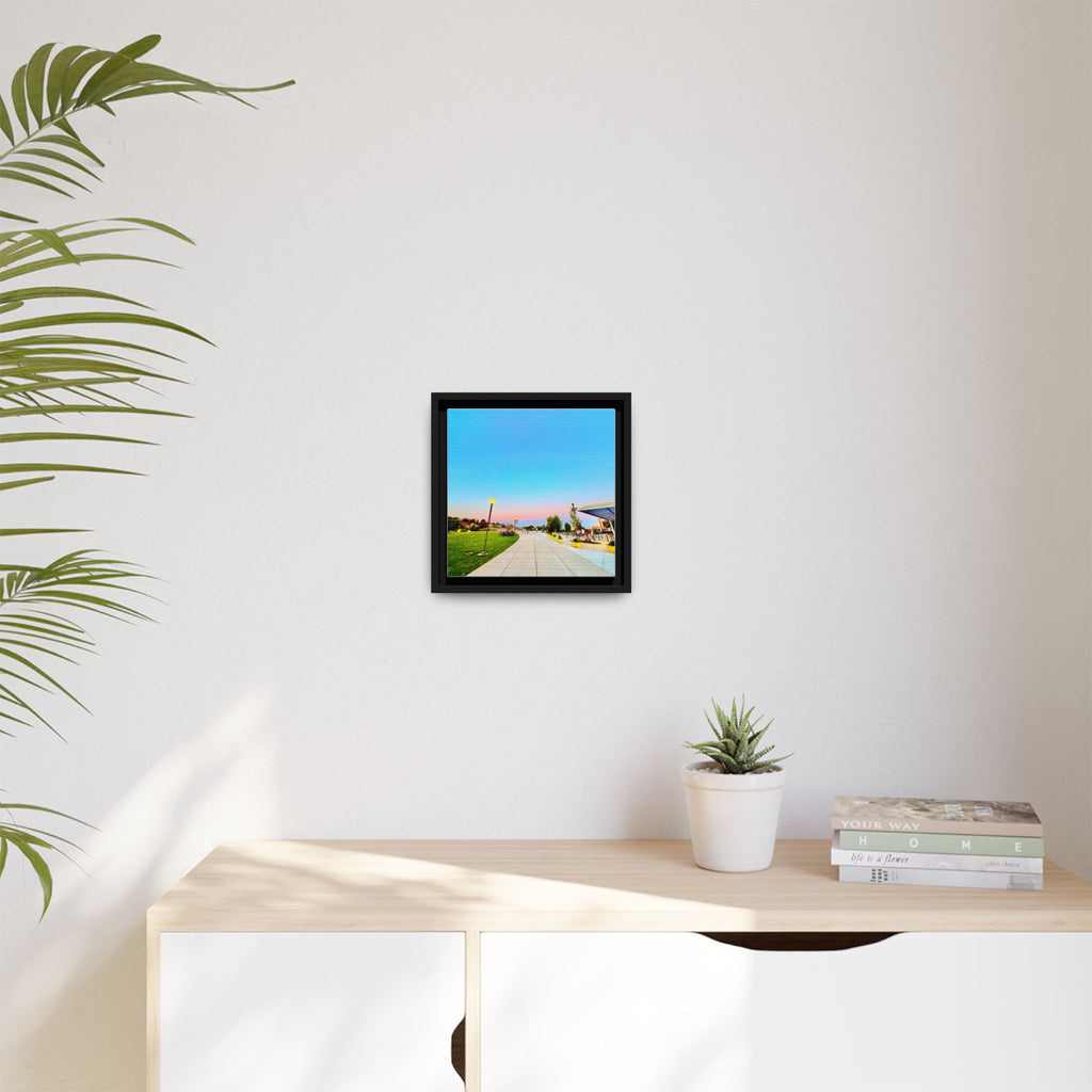 Sunset Promenade Matte Framed Canvas — Pastel Sky Walkway Wall Art