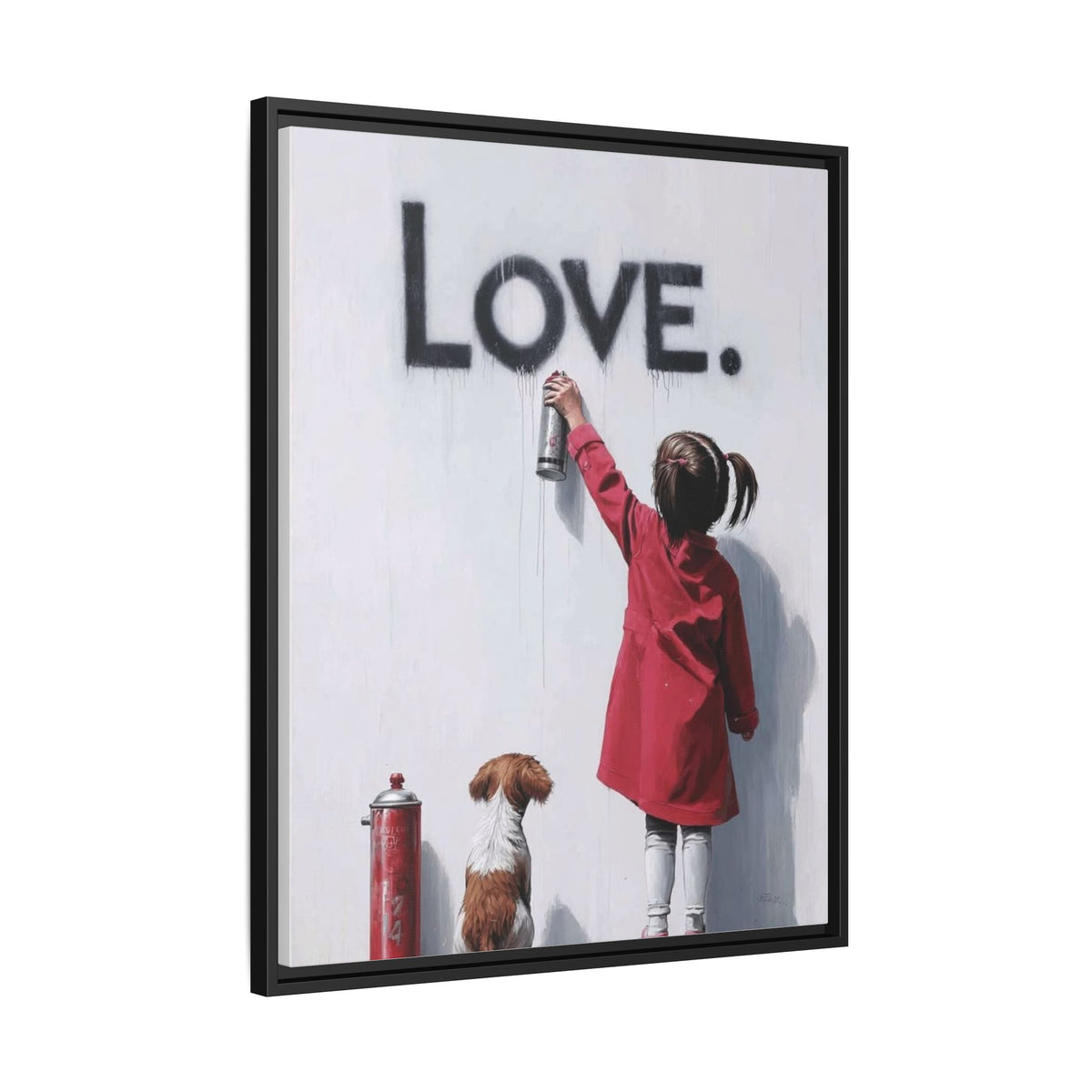 'LOVE.' Girl Spray-Painting with Dog- Framed Canvas Art