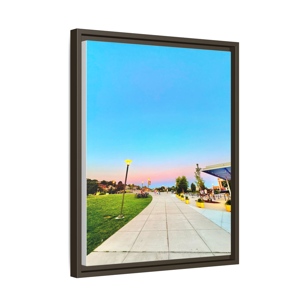 Sunset Promenade Matte Framed Canvas — Pastel Sky Walkway Wall Art