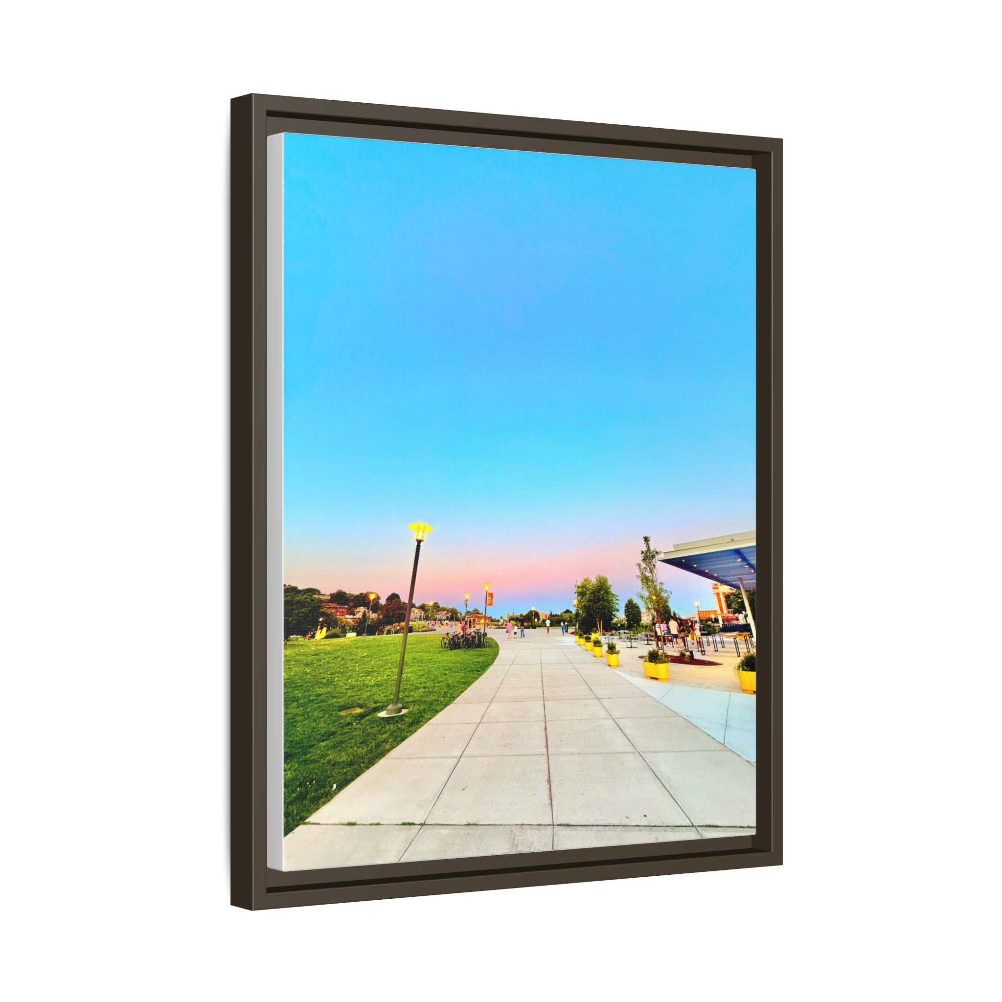 Sunset Promenade Matte Framed Canvas — Pastel Sky Walkway Wall Art