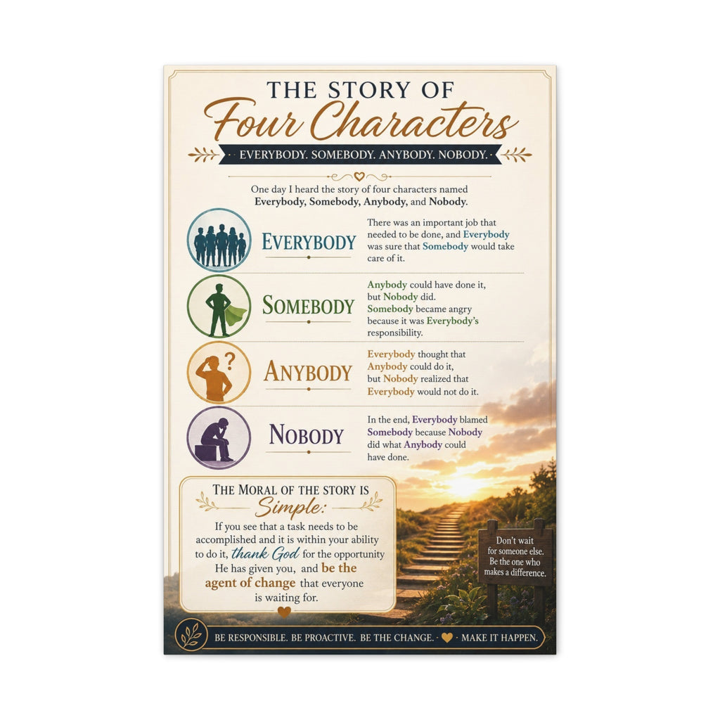 The Story of Four Characters Canvas Wall Art — Inspirational Everybody Somebody Anybody Nobody Print
