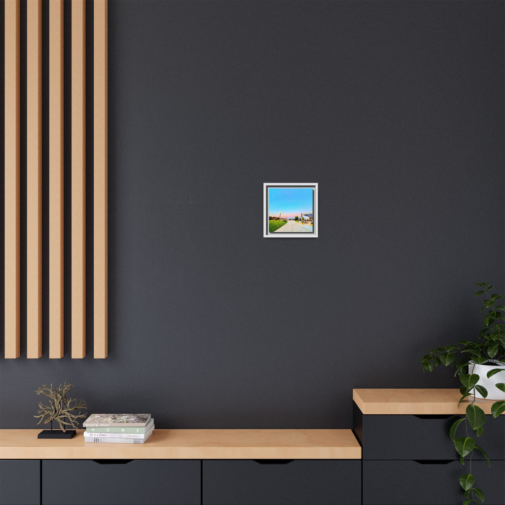 Sunset Promenade Matte Framed Canvas — Pastel Sky Walkway Wall Art