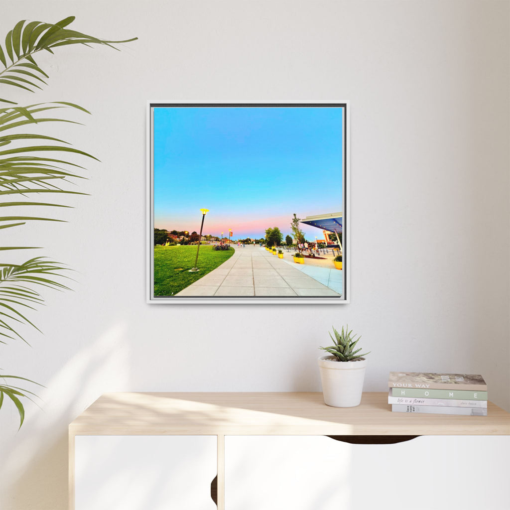 Sunset Promenade Matte Framed Canvas — Pastel Sky Walkway Wall Art
