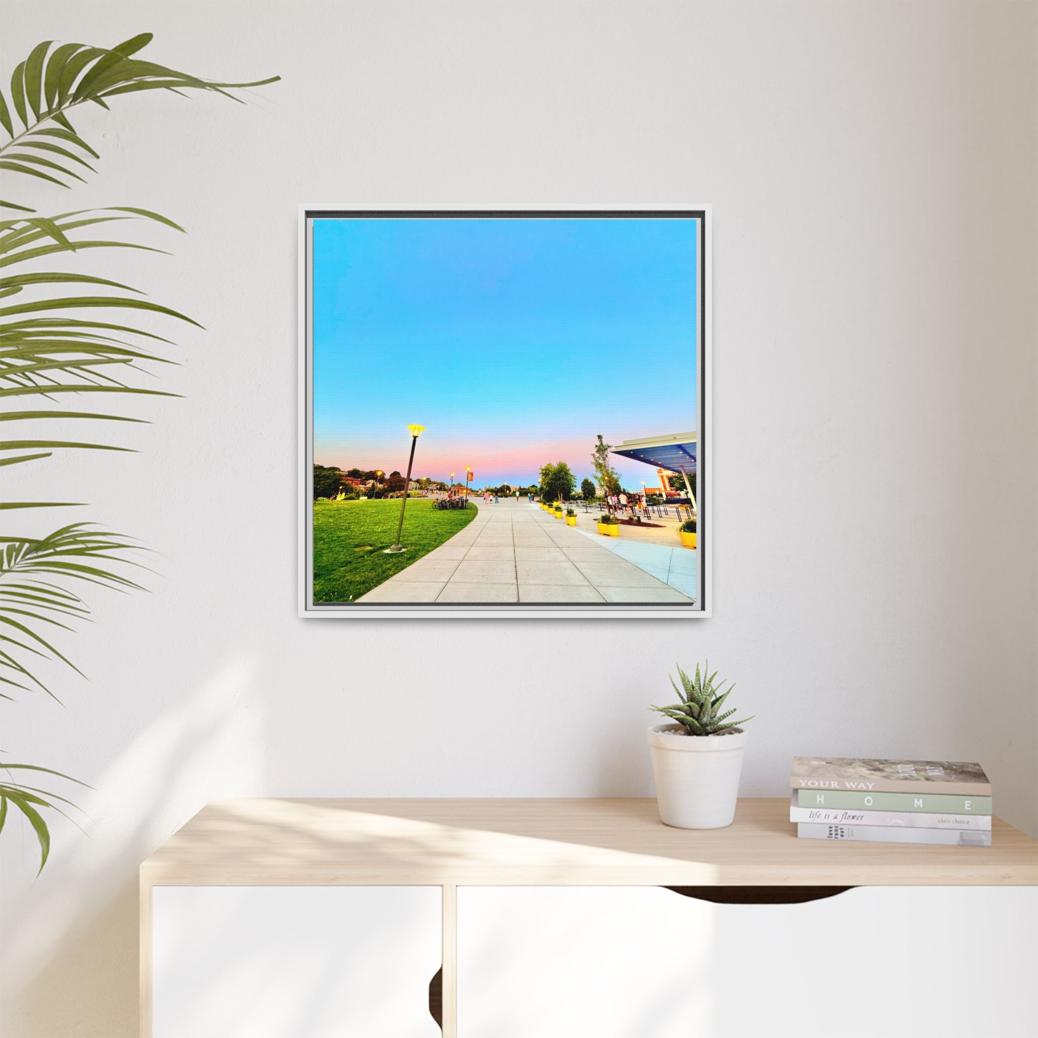 Sunset Promenade Matte Framed Canvas — Pastel Sky Walkway Wall Art