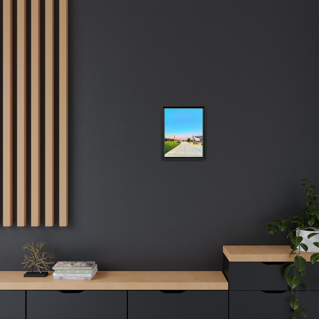 Sunset Promenade Matte Framed Canvas — Pastel Sky Walkway Wall Art