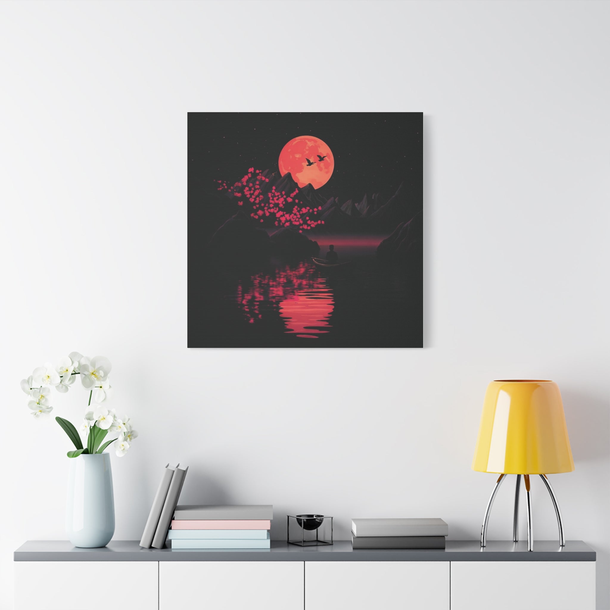 Moonlit Sakura Canvas Wall Art — Red Moon Reflection Matte Stretched Print