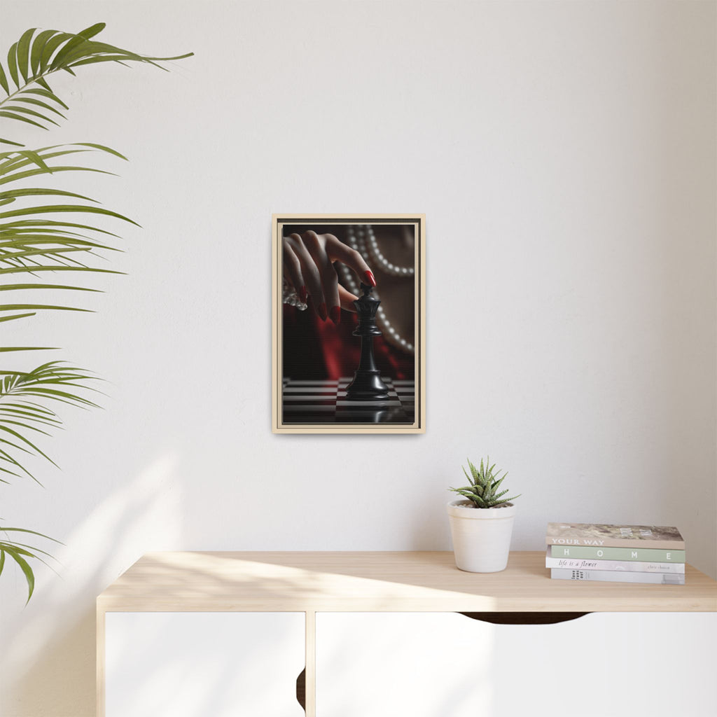 Framed Matte Canvas Art — Femme Hand & Chess King (Pearls, Noir Glam)