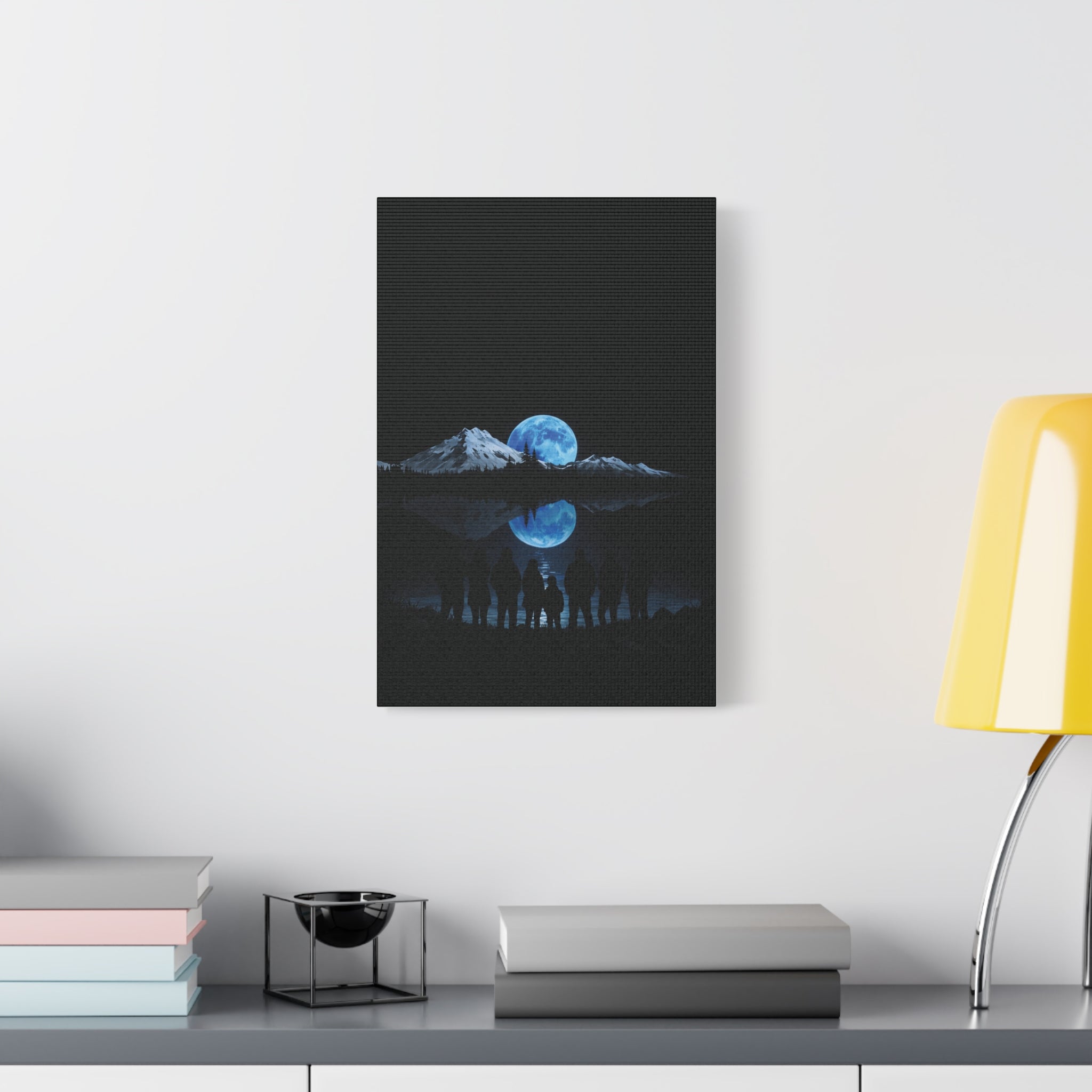 Blue Moon Mountain Canvas Print — Family Silhouette Nightscape Wall Art