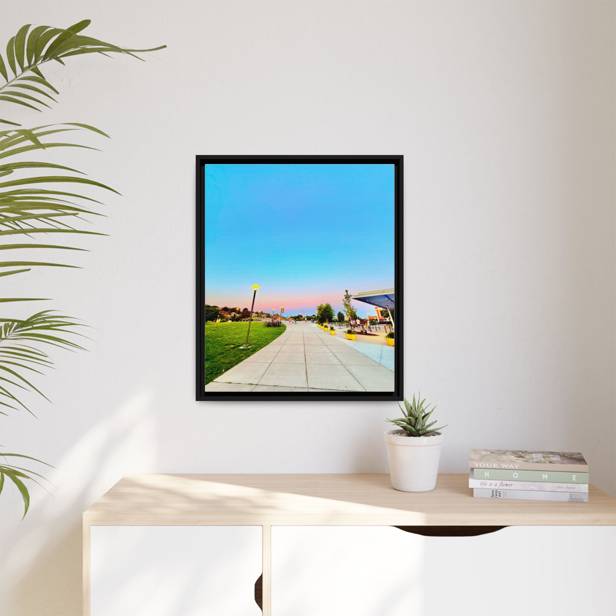 Sunset Promenade Matte Framed Canvas — Pastel Sky Walkway Wall Art