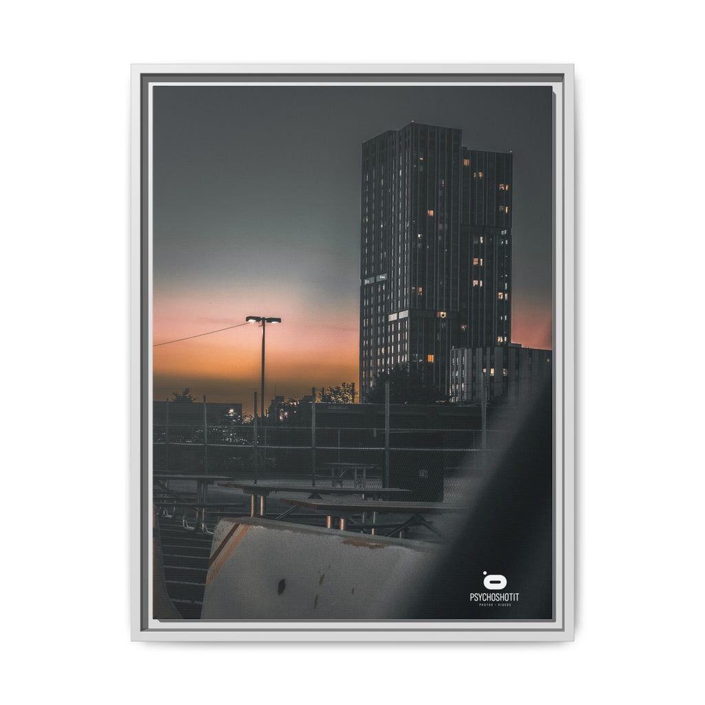 Framed Matte Canvas Print — Urban Sunset High-Rise Photography