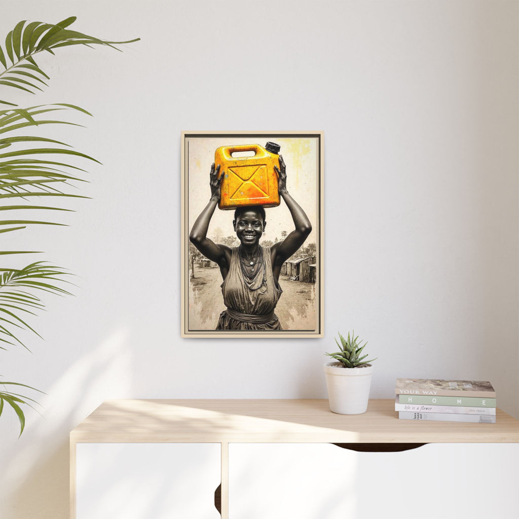 Framed Canvas Art - Joyful Woman Carrying Yellow Water Jerrycan