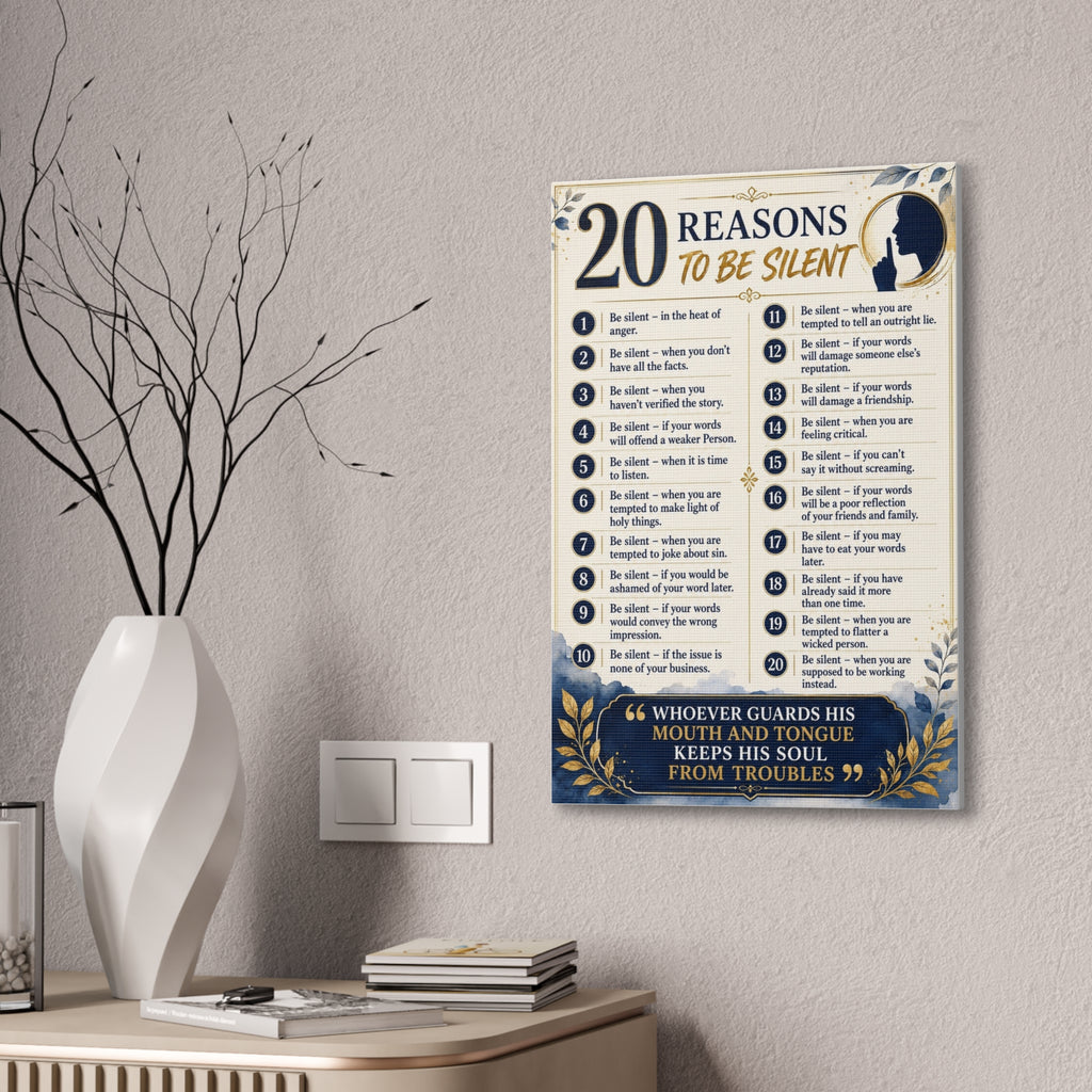 20 Reasons to Be Silent Canvas Wall Art — Inspirational Faith Quote Print