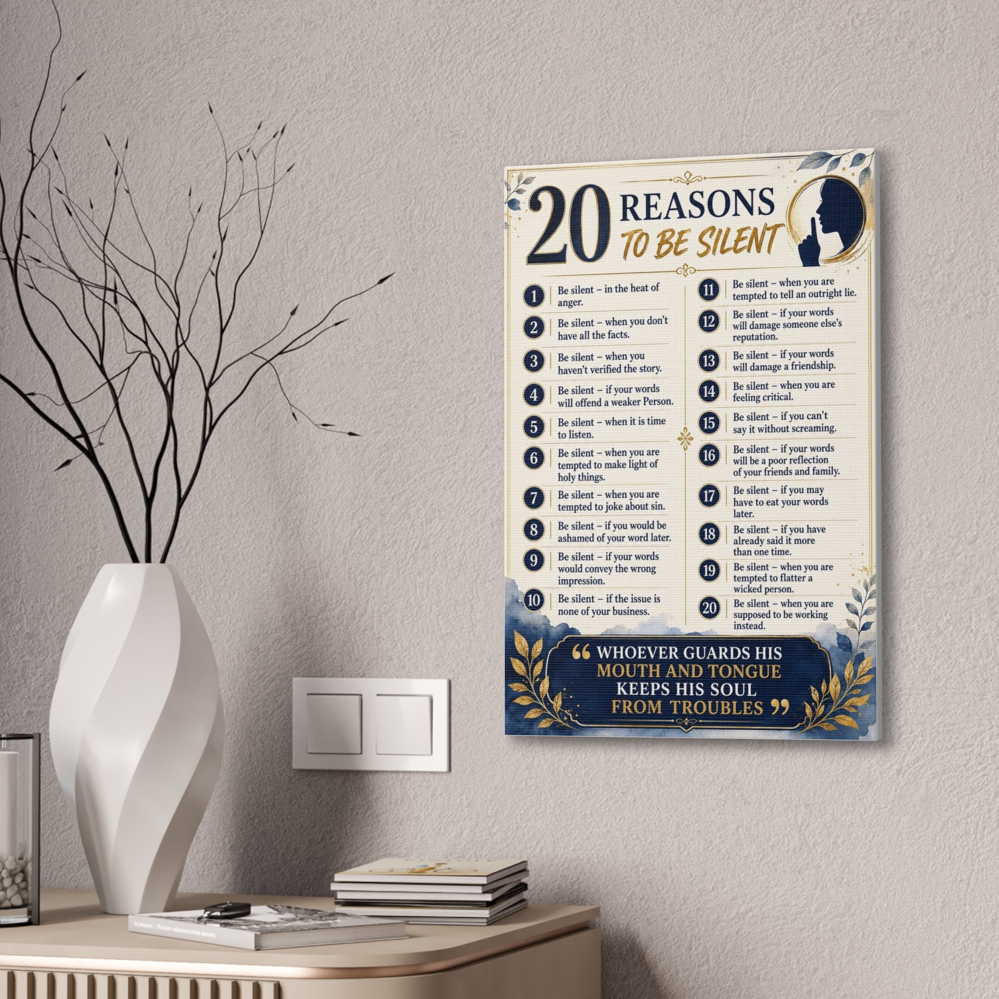 20 Reasons to Be Silent Canvas Wall Art — Inspirational Faith Quote Print