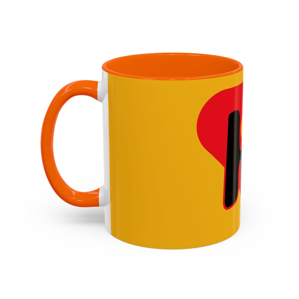 Retro Bold 'k' Accent Coffee Mug — Yellow & Red Graphic Ceramic