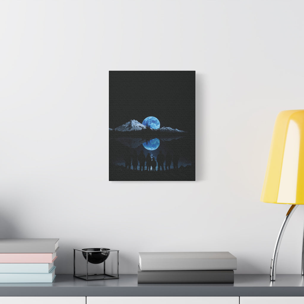 Blue Moon Mountain Canvas Print — Family Silhouette Nightscape Wall Art