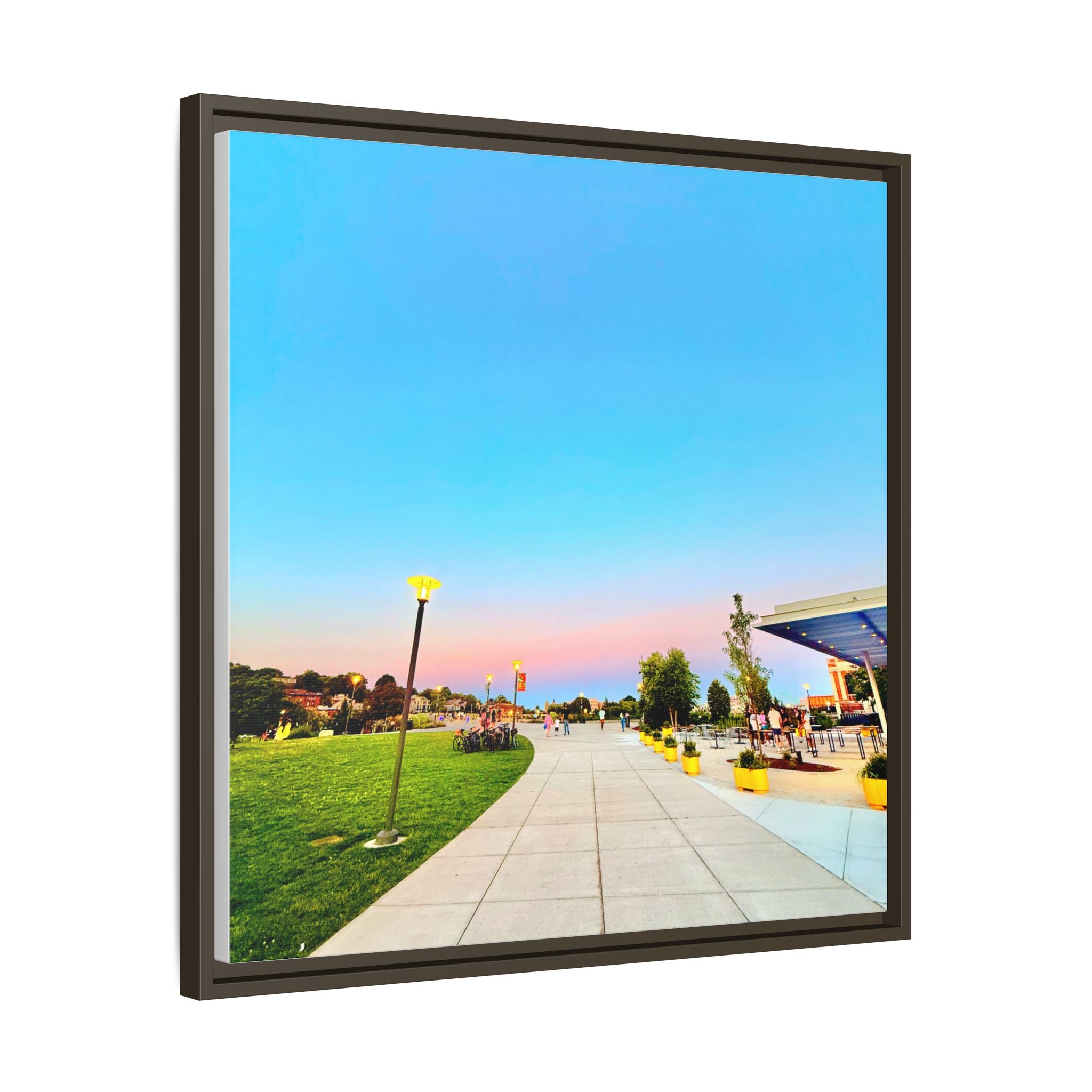 Sunset Promenade Matte Framed Canvas — Pastel Sky Walkway Wall Art