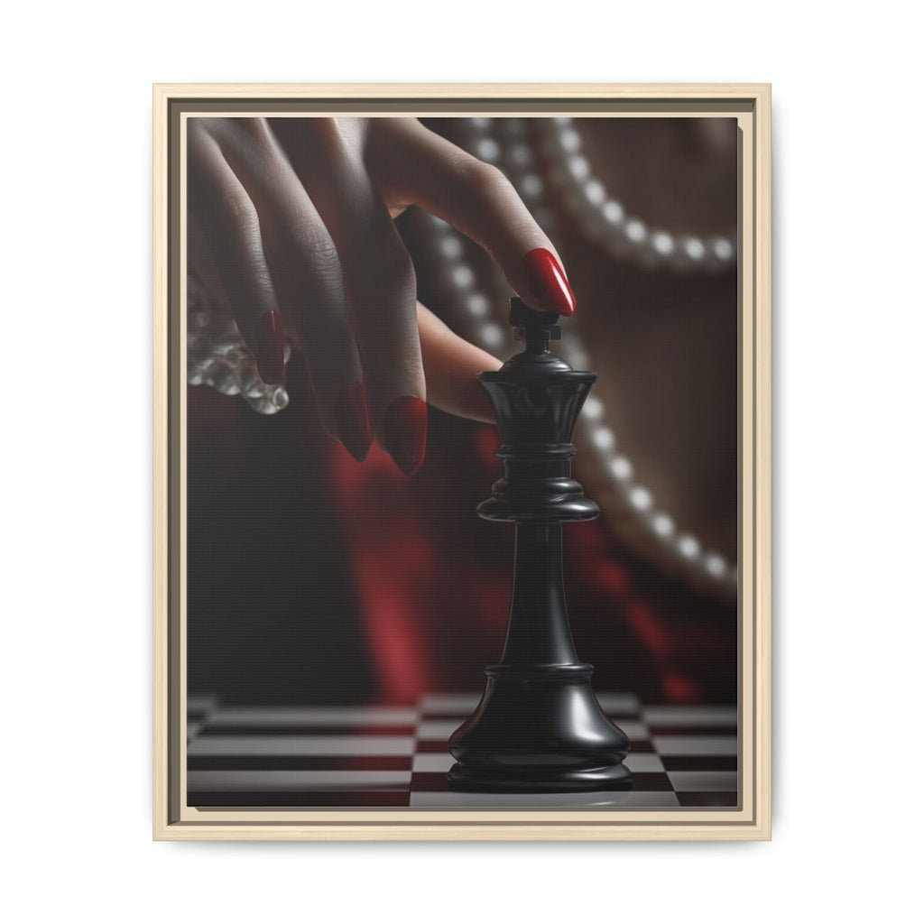 Framed Matte Canvas Art — Femme Hand & Chess King (Pearls, Noir Glam)