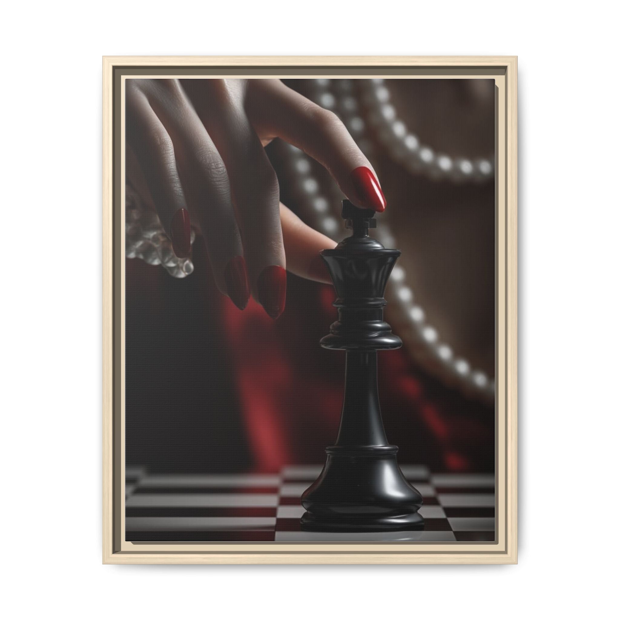 Framed Matte Canvas Art — Femme Hand & Chess King (Pearls, Noir Glam)