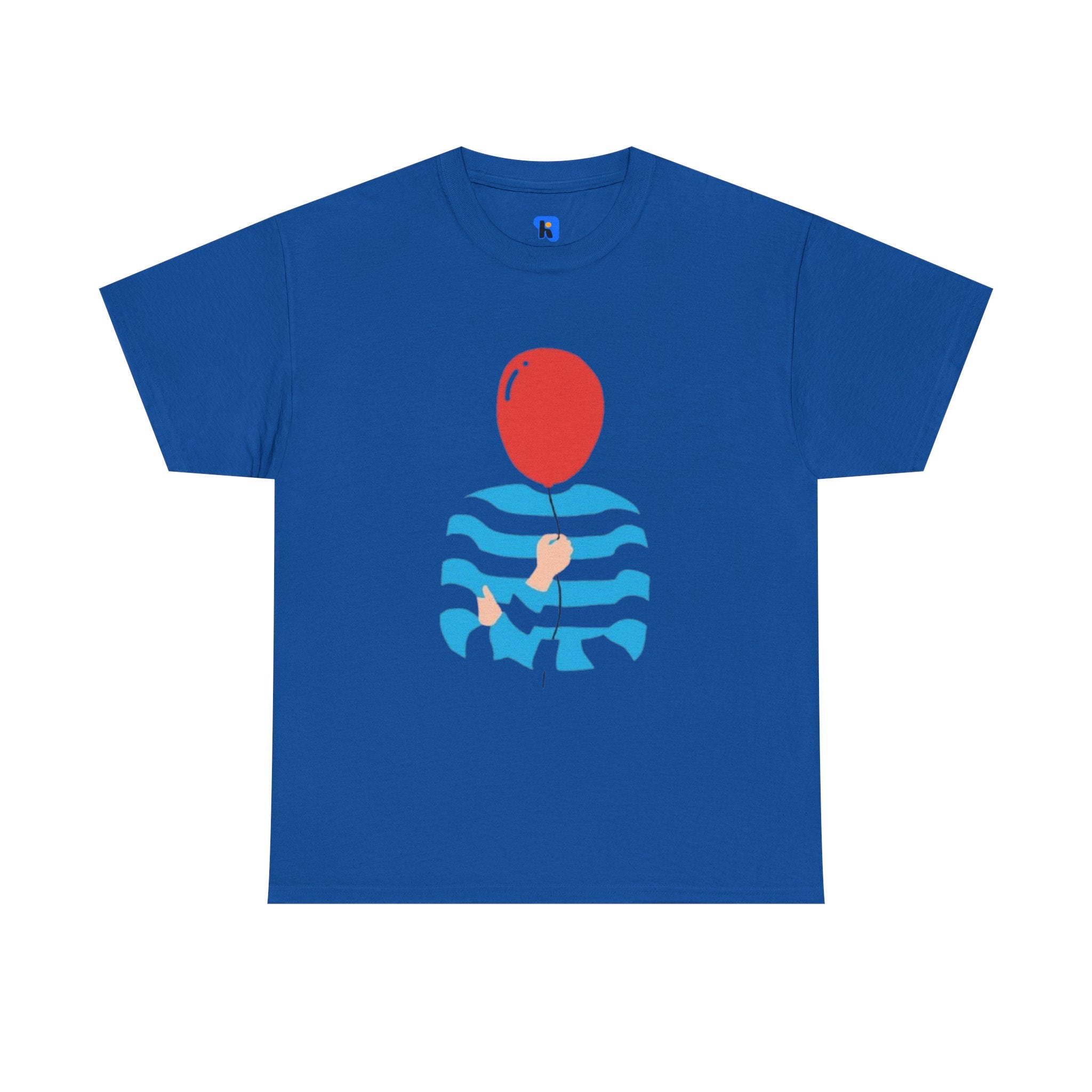 Striped Sweater Balloon Tee — Minimalist Red Balloon Graphic T-Shirt