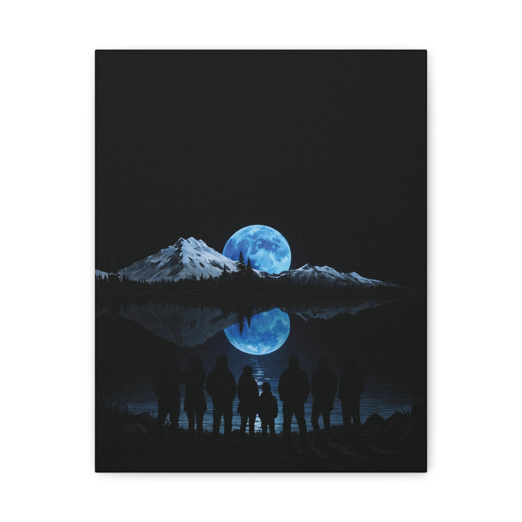 Blue Moon Mountain Canvas Print — Family Silhouette Nightscape Wall Art