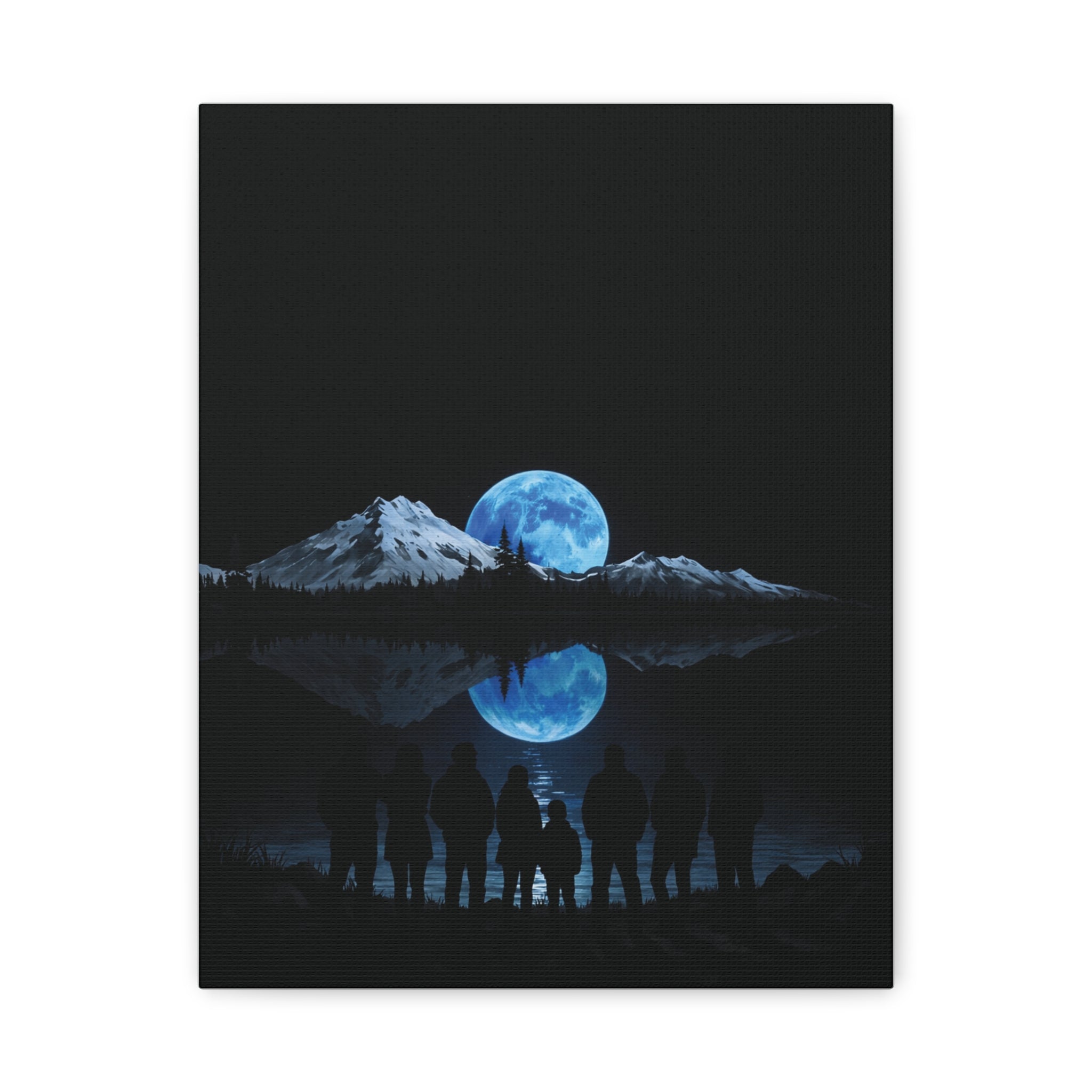 Blue Moon Mountain Canvas Print — Family Silhouette Nightscape Wall Art