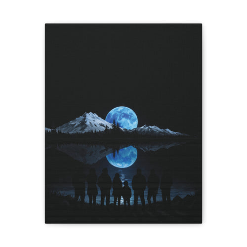 Blue Moon Mountain Canvas Print — Family Silhouette Nightscape Wall Art