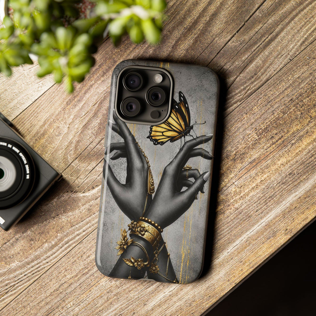 Artistic Black Hands & Golden Butterfly Phone Case – Protective Tough Case